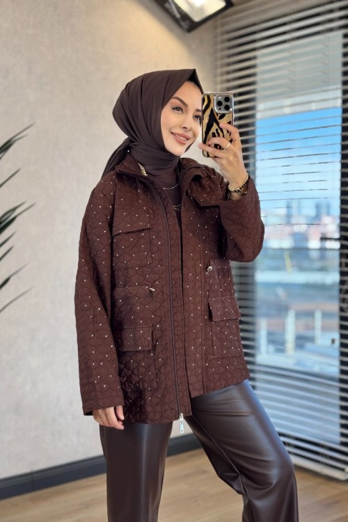 27QW6001 Kapitone Üstü Taşlı Kap Kahve