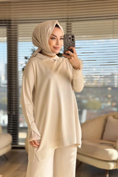 280 Kolu Dantelli Yaka Taşlı Triko Tunik Bej