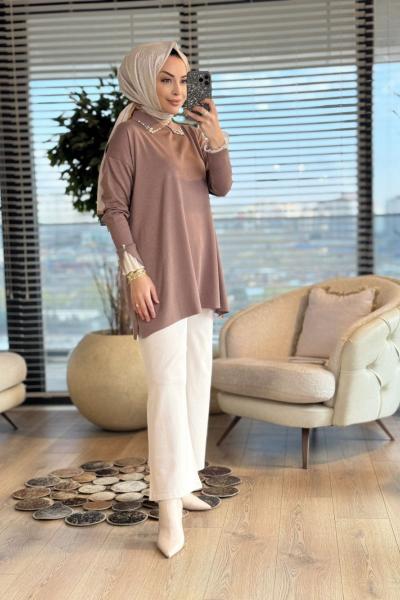 280 Kolu Dantelli Yaka Taşlı Triko Tunik Vizon