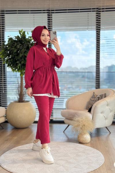 2800 Nervür Dikiş Detaylı Takım Kırmızı