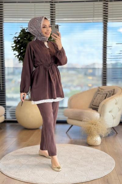 2800 Nervür Dikiş Detaylı Takım Kahve