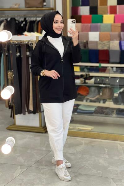 28024 Kapşonlu Fermuarlı Sweat Siyah