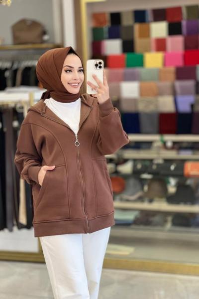 28026 Kapşonlu Fermuarlı Üç İplik Sweat Kahve