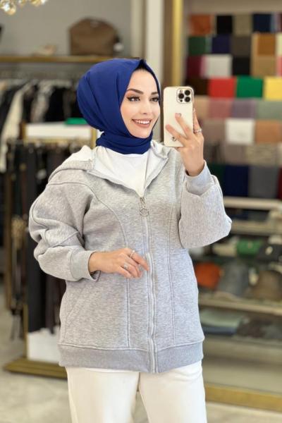 28026 Kapşonlu Fermuarlı Üç İplik Sweat Gri