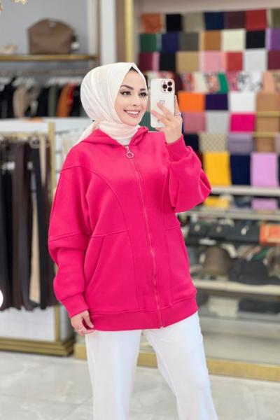 28026 Kapşonlu Fermuarlı Üç İplik Sweat Fuşya