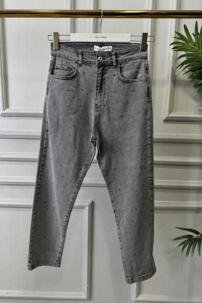 2804 Üstü Serpme Taş Baskılı Kot Pantolon Gri