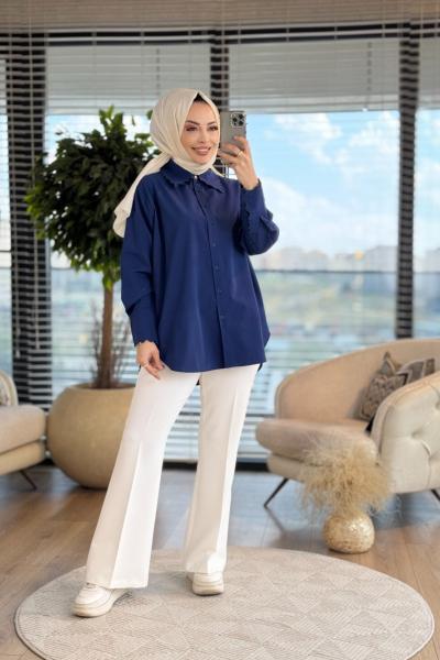 2806 Yaka Ve Manşeti Nakışlı Gömlek Lacivert