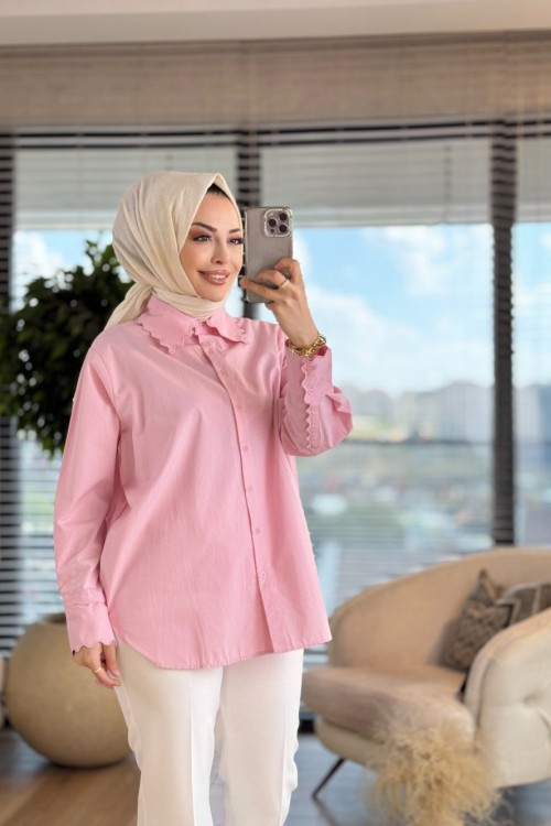 2806 Yaka Ve Manşeti Nakışlı Gömlek Pembe