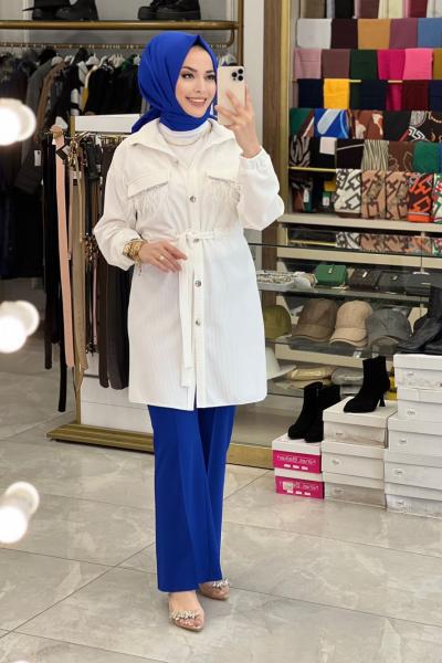 2810 Kendinden Fitilli Cebi Tüylü Tunik Ekru