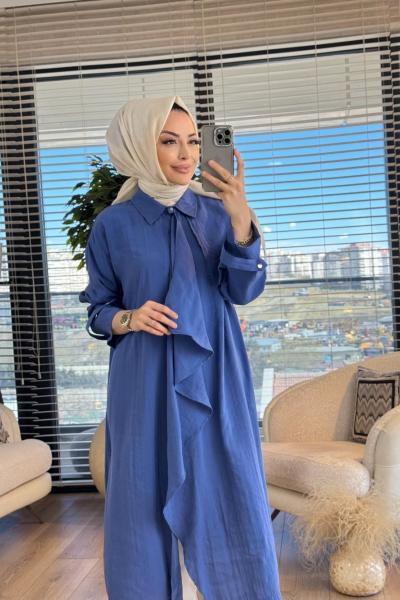 2811 Şal Yaka Uzun Gömlek İndigo