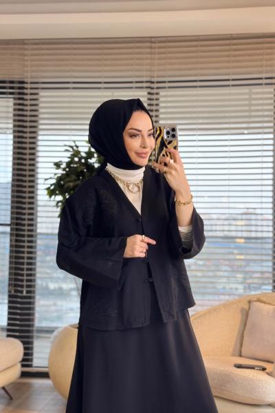 2813 Nakış Detaylı V Yaka Kimono Siyah