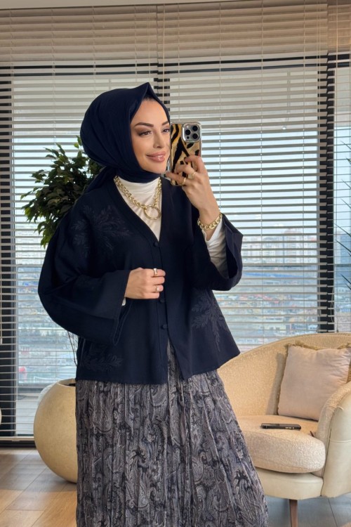 2813 Nakış Detaylı V Yaka Kimono Lacivert