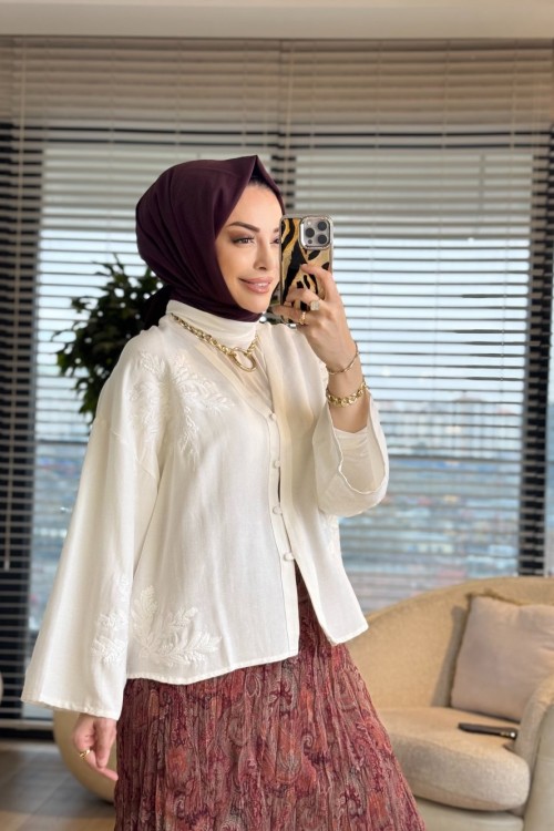2813 Nakış Detaylı V Yaka Kimono Ekru