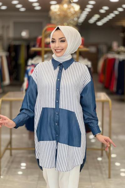 2814-1 Çizgi Ve Tencel Parçalı Tunik Lacivert