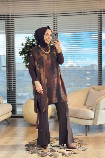 283 Kupra Omuz Ve Yanları Düğmeli Triko Tunik Kahve