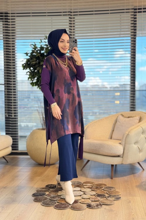 283 Kupra Omuz Ve Yanları Düğmeli Triko Tunik Mürdüm