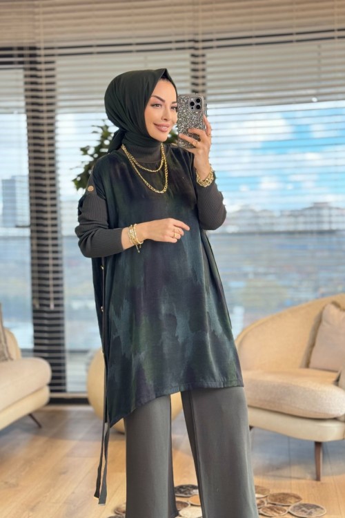 283 Kupra Omuz Ve Yanları Düğmeli Triko Tunik Haki