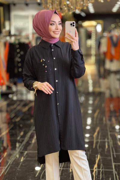 2834 Kendinden Desenli Tunik Siyah