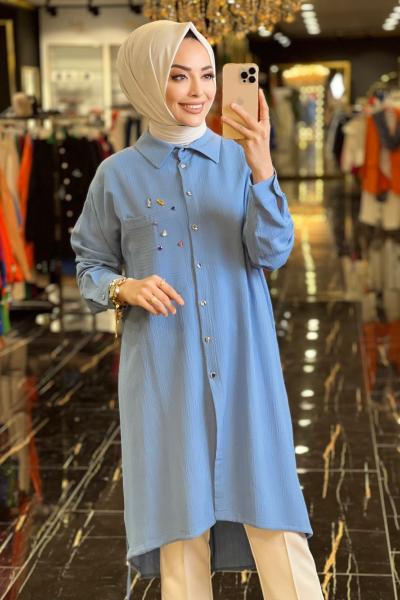 2834 Kendinden Desenli Tunik İndigo