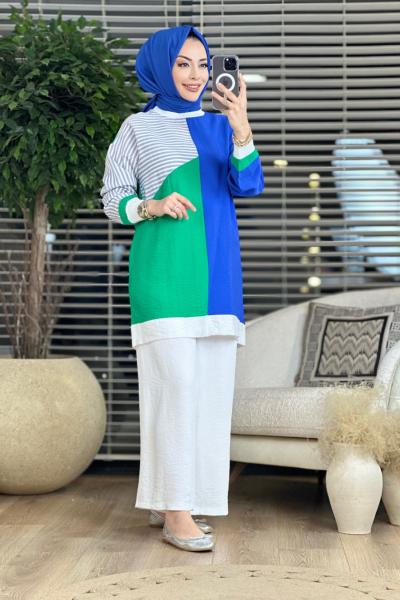2836 Çizgi ve Kumaş Parçalı Tunik Saks Benetton