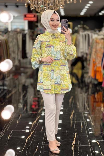 2840 Desenli Cep Üstü Taş İşlemeli Tunik Yağ Yeşili