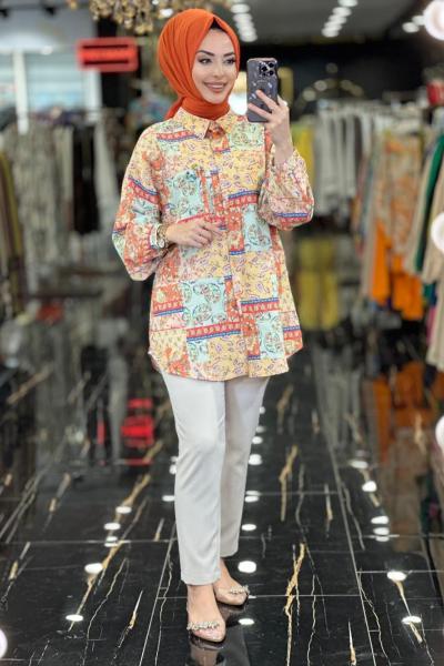 2840 Desenli Cep Üstü Taş İşlemeli Tunik Oranj