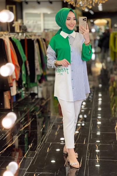 2856 Sol Taraf Yazı Sağ Taraf Çizgili Gömlek Benetton