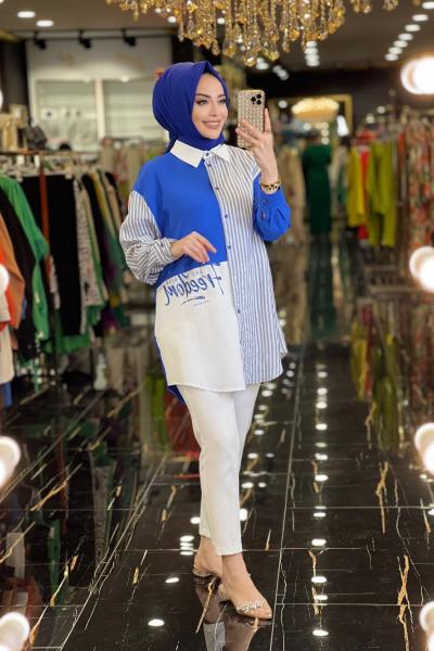 2856 Sol Taraf Yazı Sağ Taraf Çizgili Gömlek Saks