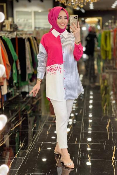 2856 Sol Taraf Yazı Sağ Taraf Çizgili Gömlek Fuşya