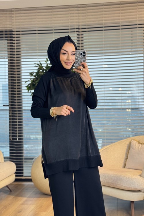 286 Düz Kupra Yandan Fermuarlı Tunik Siyah