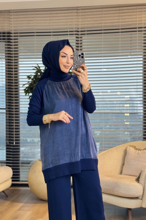 286 Düz Kupra Yandan Fermuarlı Tunik Lacivert