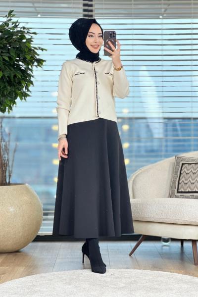 2862 Patı Şerit Detaylı Metal Düğmeli Hırka Ekru