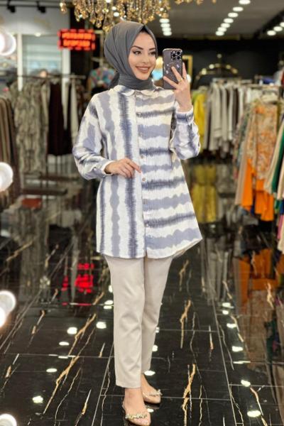 2867 Keten Batik Çizgi Desen Tunik Gri