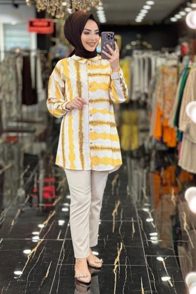 2867 Keten Batik Çizgi Desen Tunik Hardal