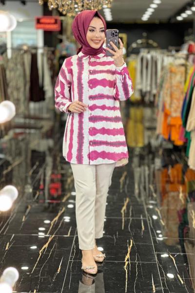 2867 Keten Batik Çizgi Desen Tunik Fuşya