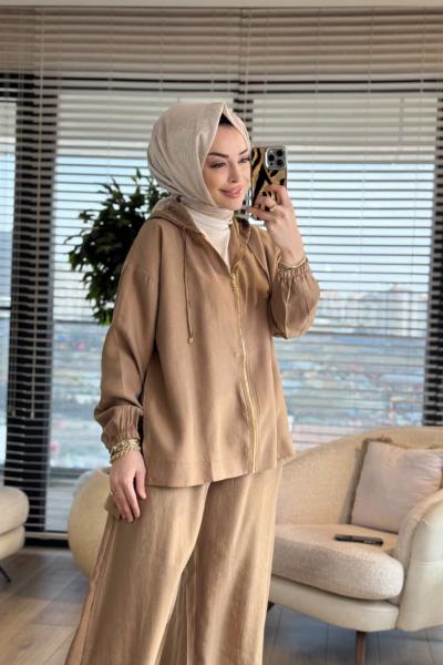 2872 Bol Paça Fermuarlı Takım Camel