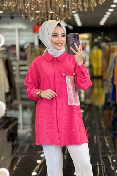 2872 Sağ Tarafı Pul Parçalı Tunik Fuşya