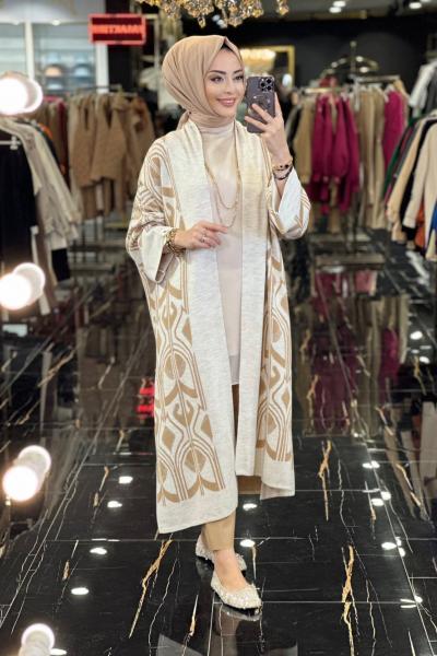 28787 Allover Simli Desenli Hırka Latte Bej