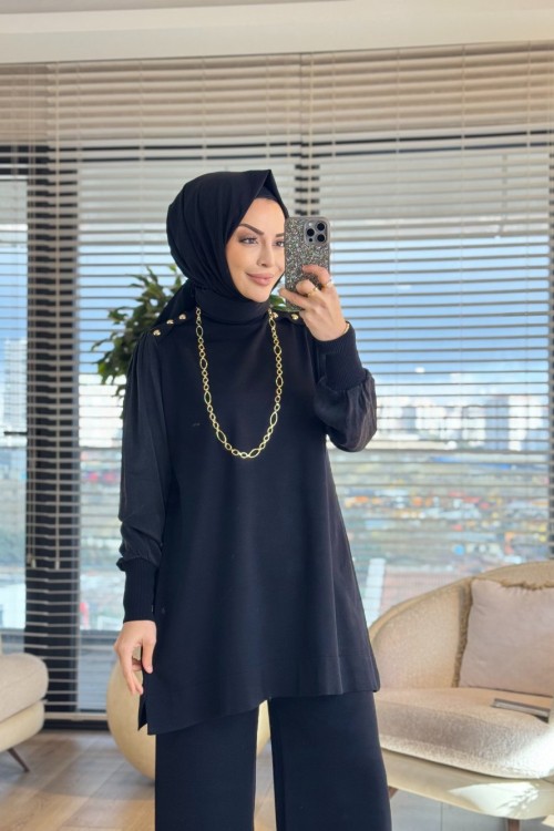 289 Omuzu Düğmeli Kupra Triko Tunik Siyah