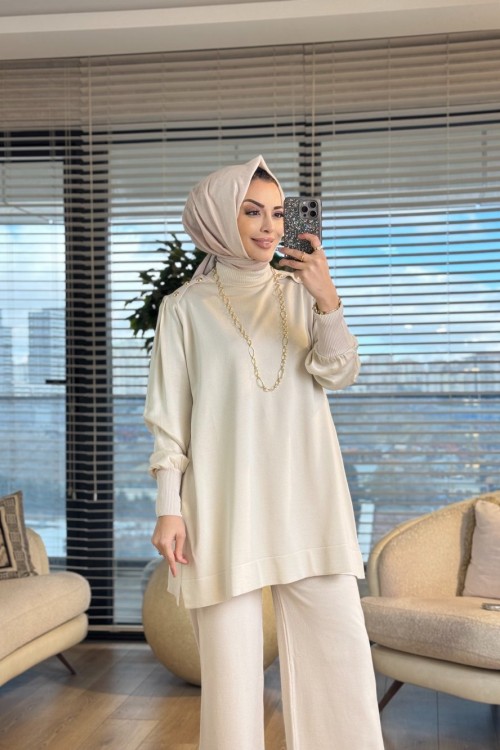 289 Omuzu Düğmeli Kupra Triko Tunik Bej
