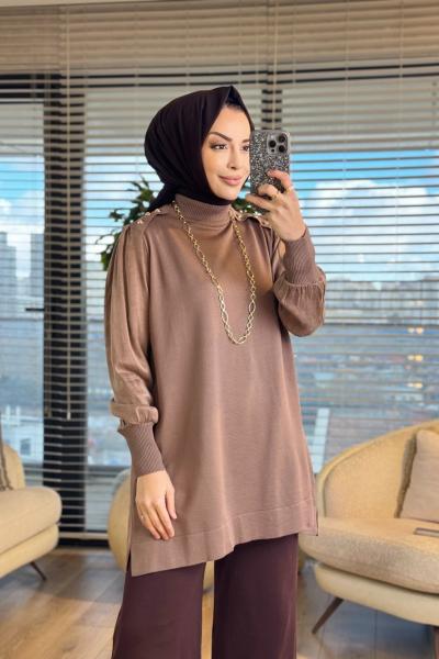 289 Omuzu Düğmeli Kupra Triko Tunik Vizon