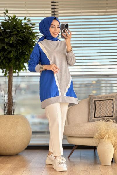 2901 Önü V Parçalı Renkli Tunik Gri