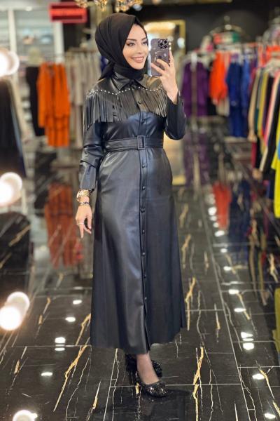 29064 Roba Taş Ve Püskül Detay Deri Elbise Siyah