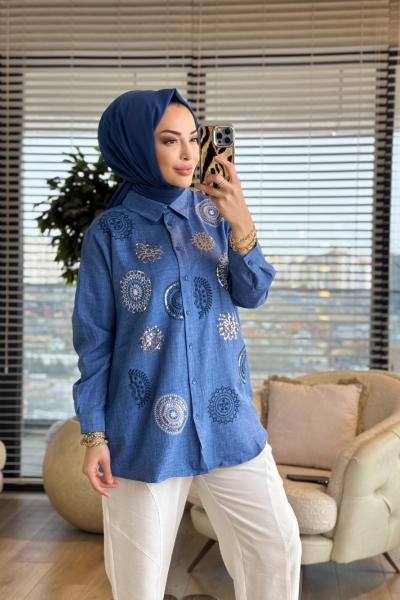 2914 Etnik Pul Ve Nakış İşlemeli Gömlek İndigo