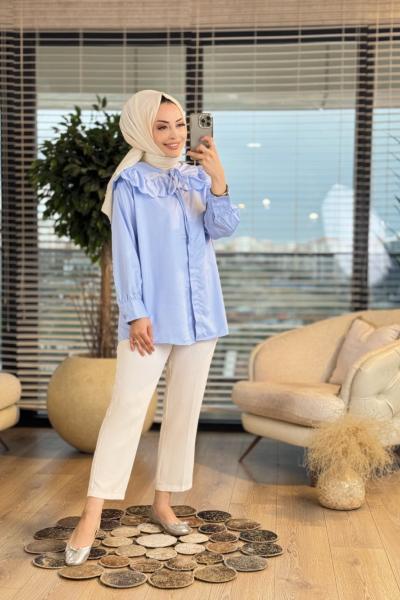 2918 Yakası Fırfırlı Detaylı Gömlek Mavi