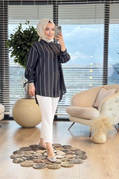 2919 Kol Bağcıklı Çizgili Gofre Gömlek Siyah