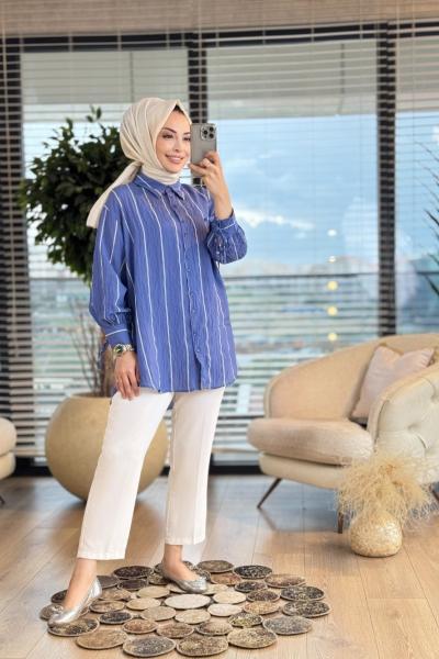 2919 Kol Bağcıklı Çizgili Gofre Gömlek İndigo