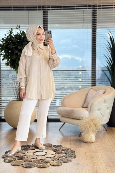 2919 Kol Bağcıklı Çizgili Gofre Gömlek Bej