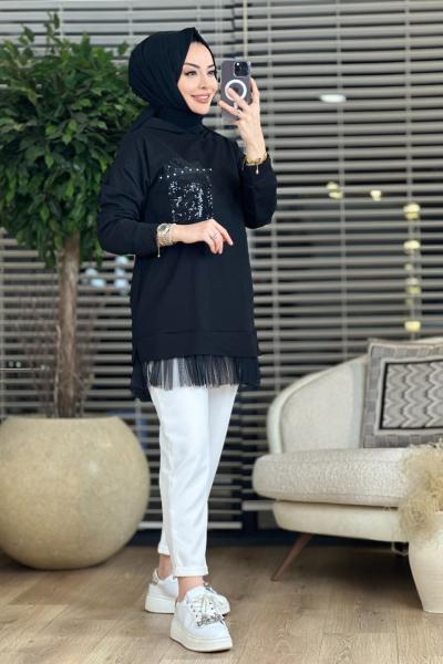 2926 Etek Ucu Tül Kapşonlu Tunik Siyah