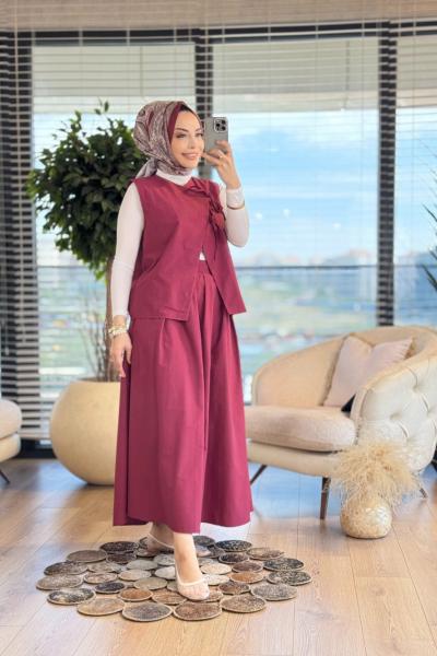 2928 Yeleği Bağcık Detaylı Etekli Takım Bordo